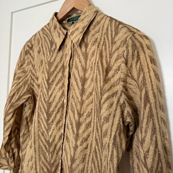 Lauren Ralph Lauren Linen Shirt Womens Sz M Tan Chevron Button Up Preppy Career - Picture 2 of 10